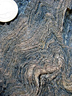 A metamorphic rock, deformed during the Variscan orogeny, at Vall de Cardós, Lérida, Spain