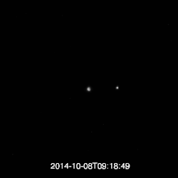 A lunar eclipse as viewed from Mercury, captured from the MESSENGER spacecraft. The Moon can be seen falling into the shadow of Earth.