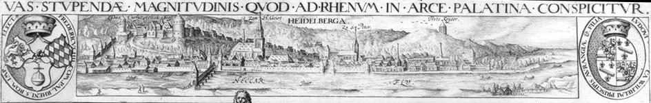 View from the so-called "Philosophers' Walk" (German: Philosophenweg) towards the Old Town, with Heidelberg Castle, Heiliggeist Church and the Old Bridge