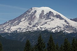 Nisqually Glacier is seen clearly from southeast of the mountain
