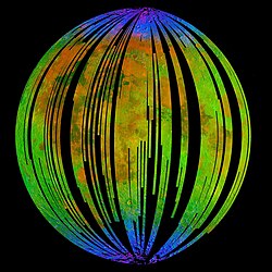Image of the Moon taken by the Moon Mineralogy Mapper. Blue shows the spectral signature of hydroxide, green shows the brightness of the surface as measured by reflected infrared radiation from the Sun and red shows a mineral called pyroxene.