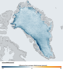 Albedo change in Greenland: The map shows the difference between the amount of sunlight Greenland reflected in the summer of 2011 versus the amount it reflected between 2000 and 2006. Some areas reflect close to 20 percent less light than a decade ago.[1]