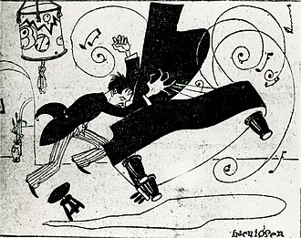 Satirical caricature of Cowell at the piano by Harry Haenigsen, c. mid-1920s