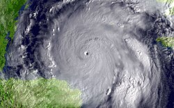 Hurricane Wilma on 19 October 2005. The pressure in the eye of the storm was 882 hPa (12.79 psi) at the time the image was taken.