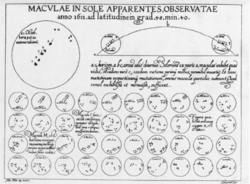 Alexander Mayr engraved Scheiner's observation plate. The plate shows Scheiner's sunspot observations from 1612.