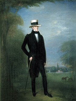 Painting of a man with a tall white hat, cane, black pants and coat, and a white shirt. He is standing on grass beside a tree.