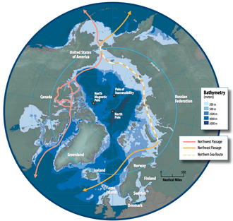 The Arctic region showing the Northeast Passage, the Northern Sea Route within it, and the Northwest Passage via Canadian Inland Waters.