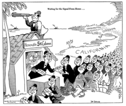 1942 editorial propaganda cartoon in the New York newspaper PM by Dr. Seuss depicting Japanese Americans in California, Oregon, and Washington—states with the largest population of Japanese Americans—as prepared to conduct sabotage against the U.S.
