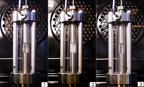 Subcritical ethane, liquid and gas phase coexist.Critical point (32.17 °C, 48.72 bar), displaying critical opalescence.Supercritical ethane, fluid.[1]