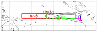 A map showing Niño/Niña 1 to 4 regions, 3 and 4 being west and far west and much larger than 1 and 2. A coastal Peruvian/Ecuadorian zone differs subtly from north–south