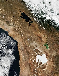 MODIS satellite image from November 2001, showing Lake Titicaca, the Salar de Uyuni, and the Salar de Coipasa, major features of the endorheic Altiplano basin in Bolivia and Peru.