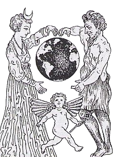 The divine couple in Wicca, with the Lady as Hecate, the witchcraft goddess, and the Lord as Pan, the horned god of the wild Earth. The lower figure is Mercury or Hermes, the god or divine force of magic - as shown by his wings and caduceus.