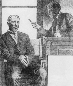 John D. Rockefeller sitting in the witness stand and testifying before Judge Kenesaw Mountain Landis, July 6, 1907