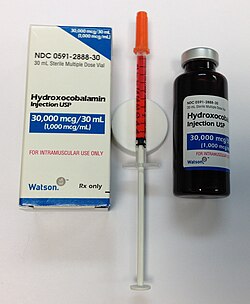 Hydroxocobalamin injection usp(1000 mcg/ml) is a clear red liquid solution of hydroxocobalamin which is available in a 30-ml brown glass multidose vial packaged in a paper box. Shown is 500 mcg B-12 (as 1/2 cc) drawn up in a 0.5-cc U-100 27 gauge x 1/2" insulin syringe, as prepared for subcutaneous injection.