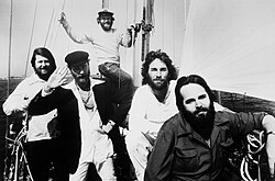 The Beach Boys sailing in Dennis' boat, mid-1976