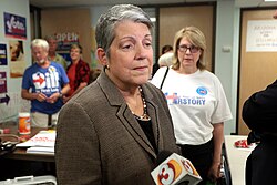 Napolitano campaigning for Hillary Clinton in Phoenix, Arizona on October 30, 2016.