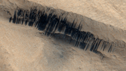 Streaks triggered by a meteoroid impact on the edge of Apollinaris Mons