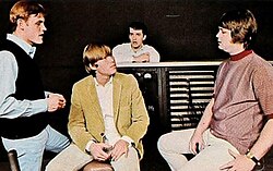 Melcher (center) with Bruce Johnston (left), Brian Wilson (right), and Tony Asher (back) in early 1966