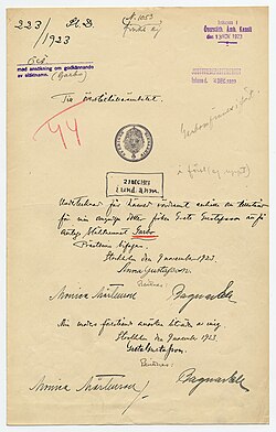 Hand-written letter with multiple signatures and with stamps of approval.