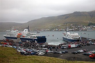 The ferry MS Smyril enters the Faroe Islands at Krambatangi ferry port in Suðuroy.