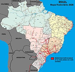 Road system in Brazil, with divided highways highlighted in red.