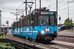 A St. Louis MetroLink Blue Line train leaves Cortex station