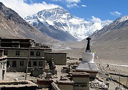 The Rongbuk Monastery, with Mount Everest in the background