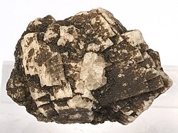 Anorthite crystals (white) in lava from Miyake Island, Japan (size: 2.4 × 1.7 × 1.7 cm)