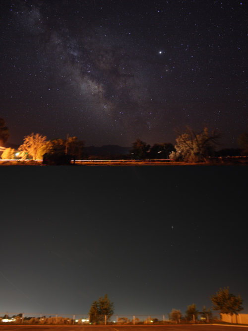 A photographic approximation of a naked eye view of the night sky from a small rural town (top) and a metropolitan area (bottom). Light pollution dramatically reduces the visibility of stars.