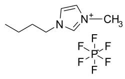 The chemical structure of 1-butyl-3-methylimidazolium hexafluorophosphate ([BMIM]PF6), a common ionic liquid.