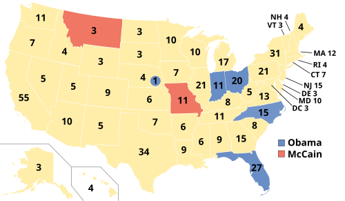 States/districts in the 2008 United States presidential election in which the margin of victory was less than 5%. Blue states/districts went for Obama, red for McCain. Yellow states were won by either candidate by 5% or more. Nevada, Colorado, New Mexico, Virginia and Iowa were won by Bush in 2004 but were won by Obama by a margin of more than 5% in 2008.