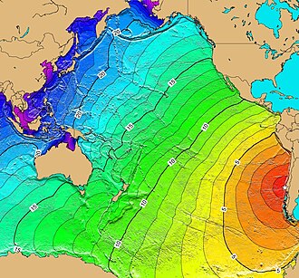 Travel time of the tsunami across the Pacific Ocean at one-hour intervals