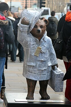 The Telegraph designed Paddington Bear statue—themed "Good News Bear"—in London, auctioned to raise funds for the NSPCC.