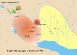 Akkad before expansion (in green). The territory of Sumer under its last king Lugal-Zage-Si appears in orange. Circa 2350 BC
