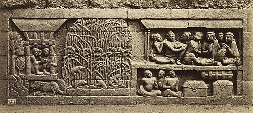 Bas-relief of 9th century Borobudur in Indonesia describes rice barns and rice plants infested by mice.