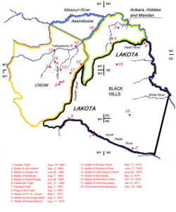 The Lakota Wars (1854–1890): The battlefields and the Lakota treaty territory of 1851. Most battles "between the army and the Dakota [Lakota] were on lands those Indians had taken from other tribes since 1851".[37][38]