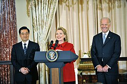 Hu at a 2011 luncheon with U.S. Vice President Joe Biden and Secretary of State Hillary Clinton