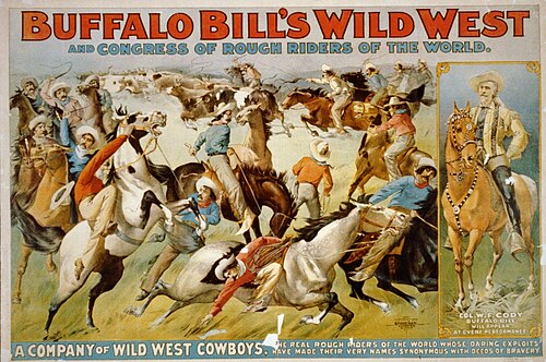 Buffalo Bill's Wild West and Congress of Rough Riders of the World - Poster showing cowboys rounding up cattle and portrait of Col. W. F. Cody on horseback. c.1899.