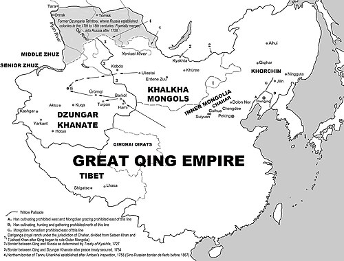 Overview of Qing territory in 1757 with the palisade marked