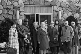 Communist Party USA leaders at Robeson's wake, January 25, 1976(L-R): Alva Buxenbaum, Gus Hall, Henry Winston, James E. Jackson, Helen Winter, Carl Bloice, Arnold Johnson.