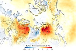 Surface Temperature Anomaly (°C) June 18–25 of 2021 compared to average temperatures of the same time period 2003-2013