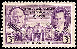 On March 2, 1936, the U.S. Post Office issued a commemorative stamp commemorating the 100th anniversary of the Texas Declaration of Independence, featuring Sam Houston (left), Stephen Austin and the Alamo.