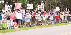 Supporters and protesters outside the August 9, 2016, campaign event at UNC-Wilmington's Trask Coliseum in Wilmington, North Carolina