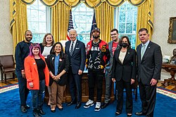 Alex Speidel (3rd from right) of the United Paizo Workers and other grassroot union organizers meet with President Joe Biden and Vice President Kamala Harris in May 2022