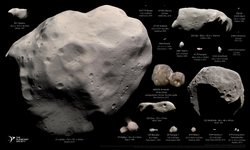 Asteroids and comets visited by spacecraft as of 2022 (except Ceres and Vesta), to scale