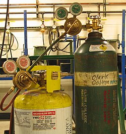 Oxygen and MAPP gas compressed-gas cylinders with regulators
