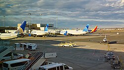 Aircraft at Terminal B at Boston Logan International Airport in March 2022