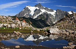 West side view of Mount Shuksan in summer as seen from Artist Point in Washington.