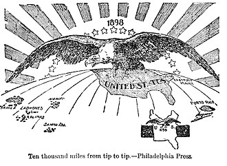 1898 cartoon illustrating US imperialism: "Ten thousand miles from tip to tip," referring to the expansion of American domination (symbolized by a bald eagle) from Puerto Rico to the Philippines following the Spanish–American War
