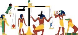 Details based from the Papyrus of Ani depicts the jackal-headed Anubis weighing a heart against the feather of truth on the scale of Maat, while ibis-headed Thoth records the result. Having a heart equal to the weight of the feather allows passage to the afterlife, whereas an imbalance results in a meal for Ammit, the chimera of crocodile, lion, and hippopotamus.